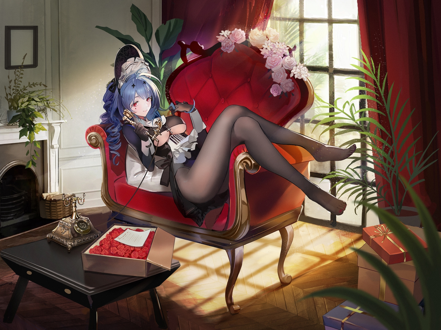 anthropomorphism, azur_lane, blue_hair, breasts, cross, flowers, gloves, goth-loli, hat, lolita_fashion, long_hair, marco_polo_(azur_lane), pantyhose, paper, phone, red_eyes, rose, shaobao_(sdhx3728), underboob
