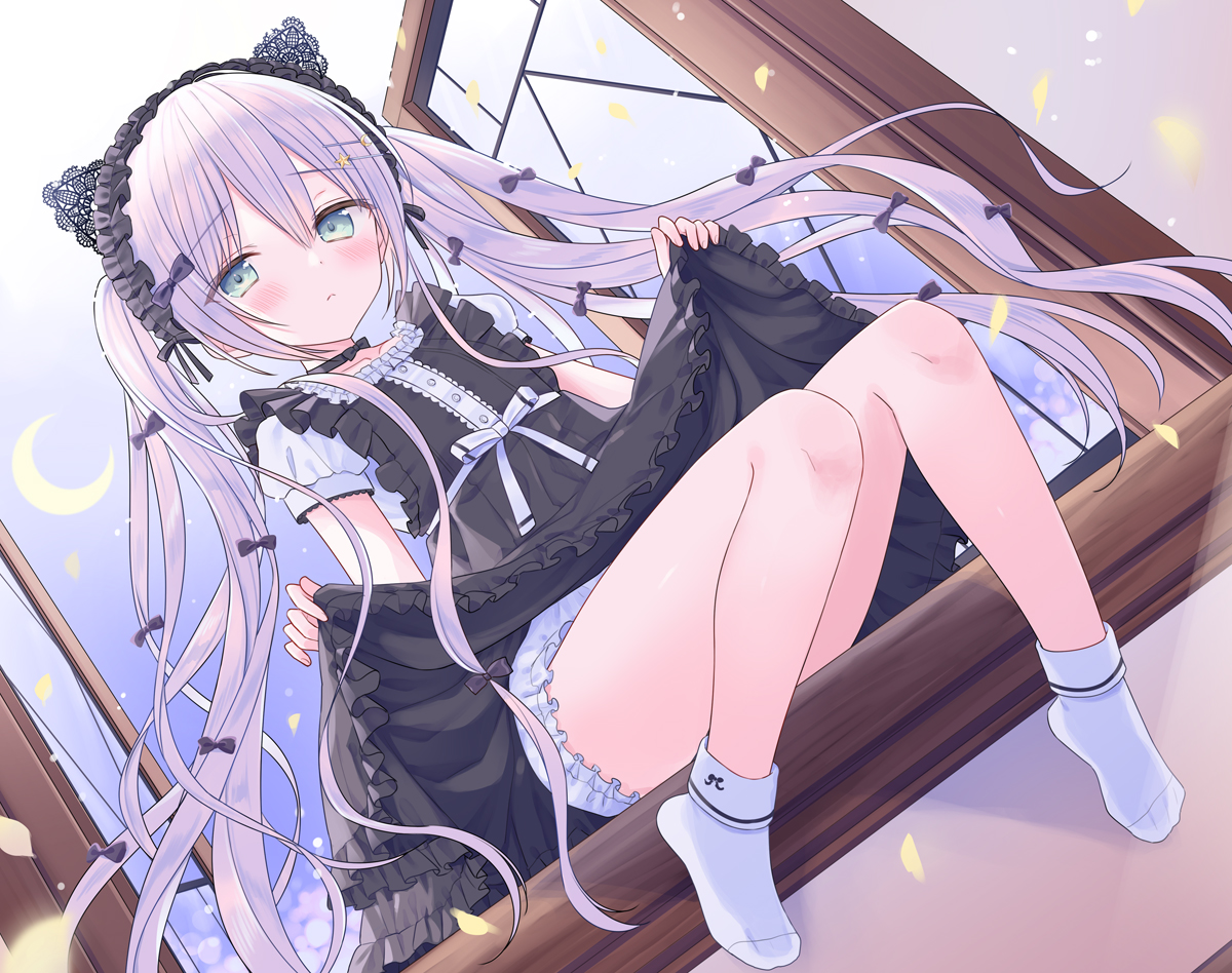animal_ears, bloomers, blush, bow, dress, goth-loli, green_eyes, headdress