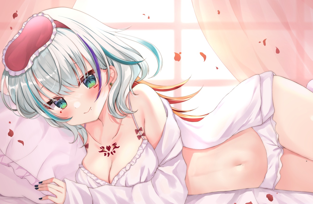 bed, blush, breasts, cleavage, green_hair, hamico, long_hair, navel, open_shirt, pajamas, petals, shigoku_tobi, tattoo