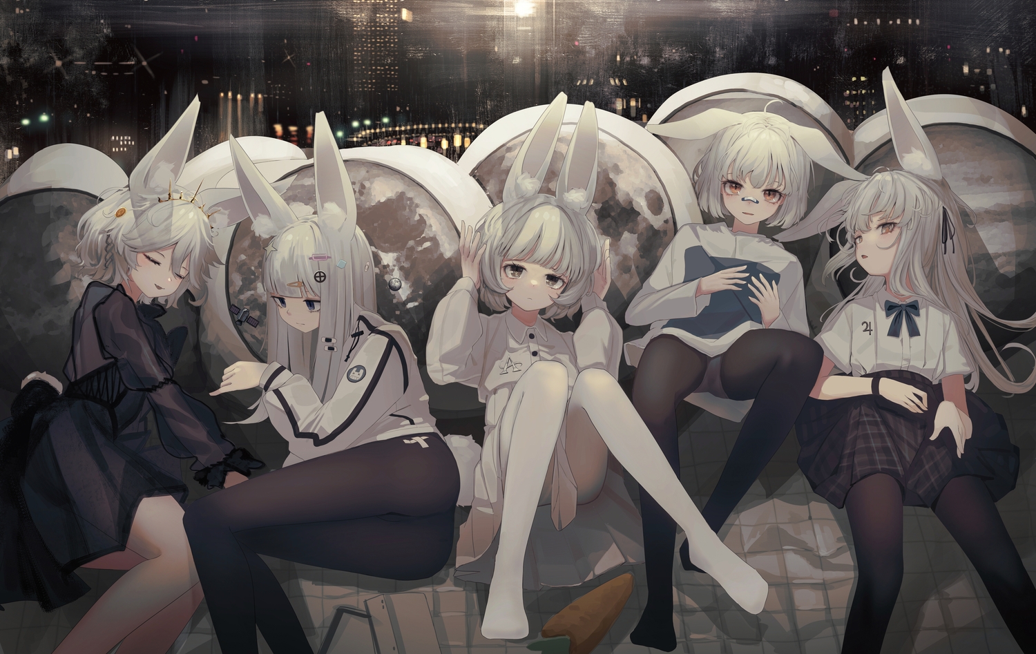 animal_ears, ass, blue_eyes, brown_eyes, building, bunny_ears, bunnygirl, city, gray_hair, group, long_hair, night, original, panties, pantyhose, school_uniform, short_hair, skirt, tiara, timitarcat, underwear, upskirt