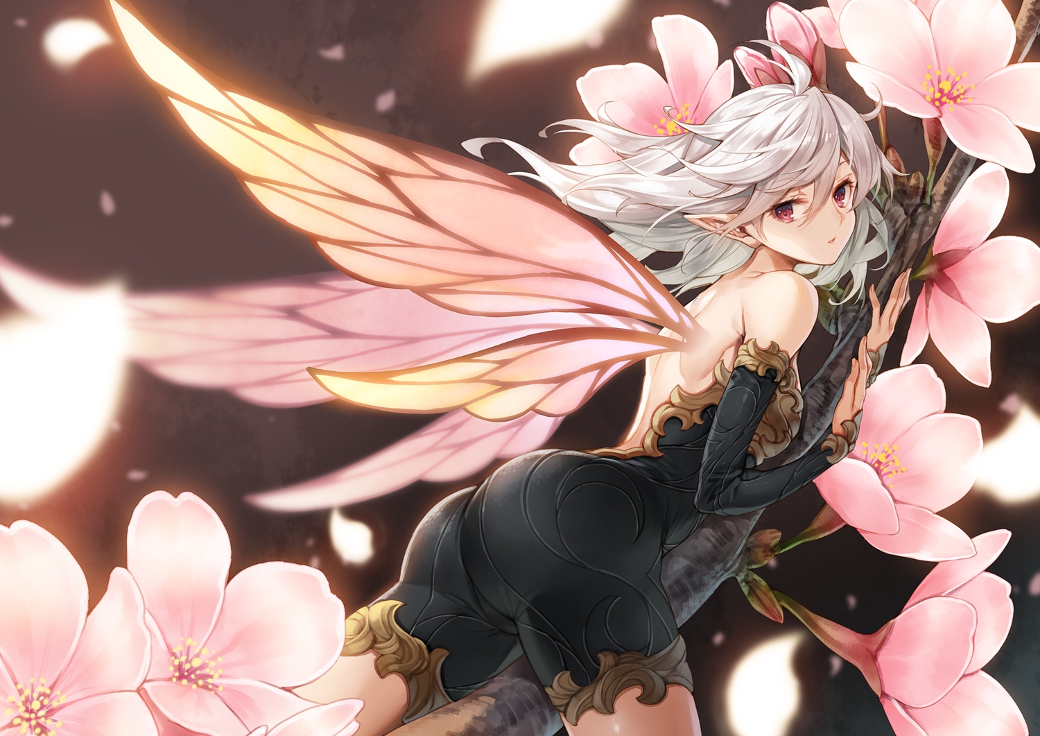 ass, bodysuit, fairy, flowers, gray_hair, hagure_keg, original, petals, pointed_ears, red_eyes, skintight, wings