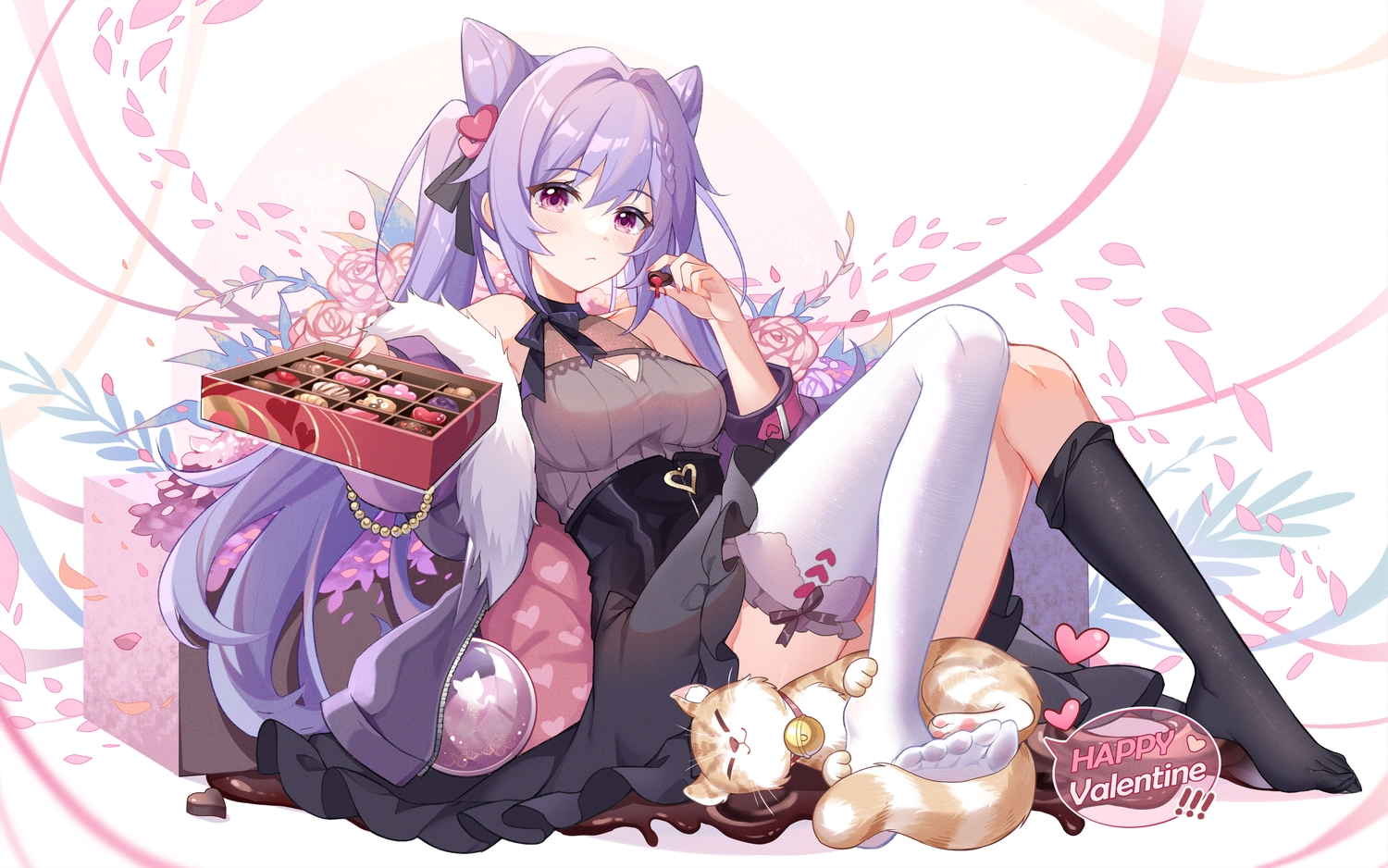animal, blush, candy, cat, chocolate, corset, flowers, genshin_impact, gou_lianlian_dogface, heart, keqing_(genshin_impact), long_hair, petals, pink_eyes, purple_hair, skirt, thighhighs, twintails, valentine
