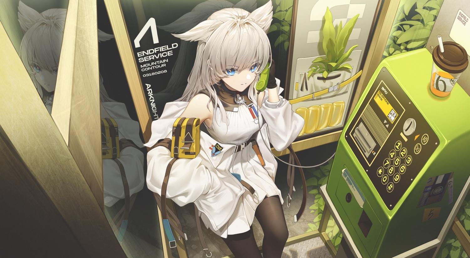 animal_ears, arknights, arknights:_endfield, blue_eyes, dress, drink, gloves, gray_hair