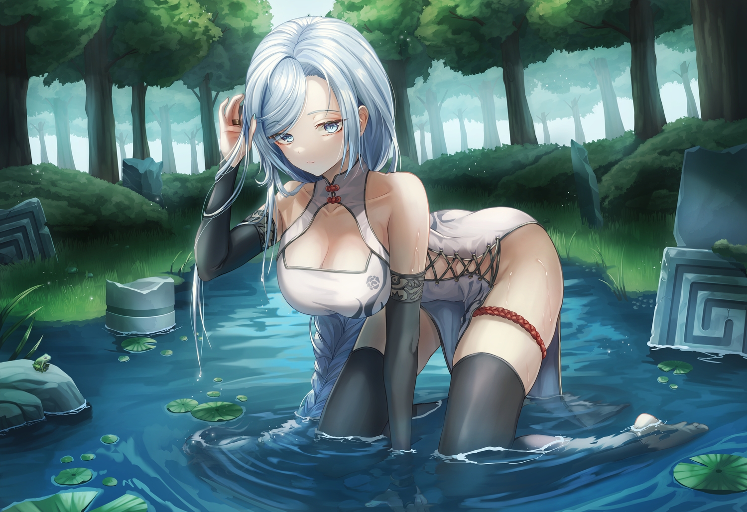 ass, braids, breasts, chinese_clothes, chinese_dress, cleavage, dress, elbow_gloves, forest, garter, genshin_impact, gloves, long_hair, ponytail, shenhe_(genshin_impact), slime_nyang, thighhighs, tree, water