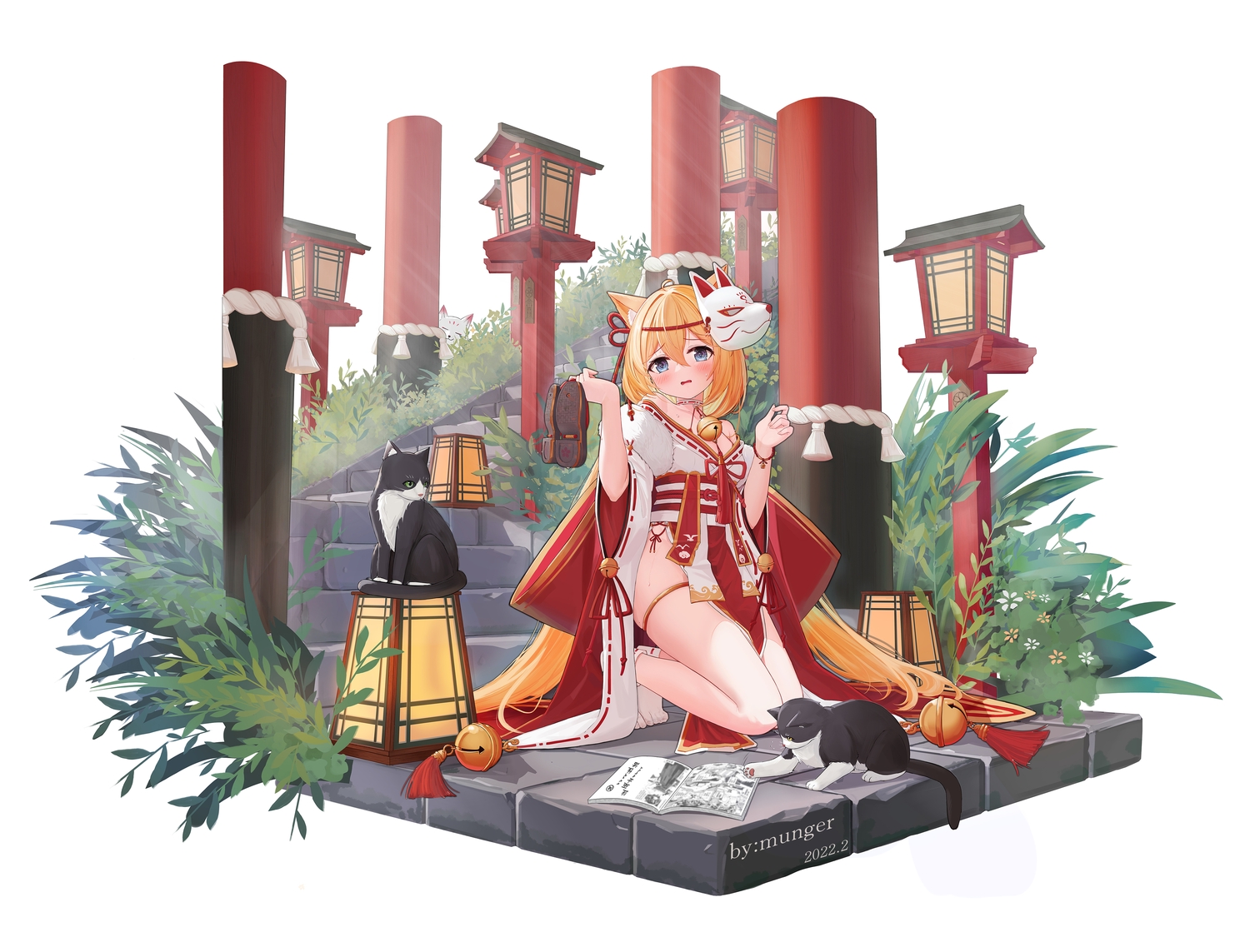 animal, animal_ears, bell, book, cat, catgirl, japanese_clothes, mask