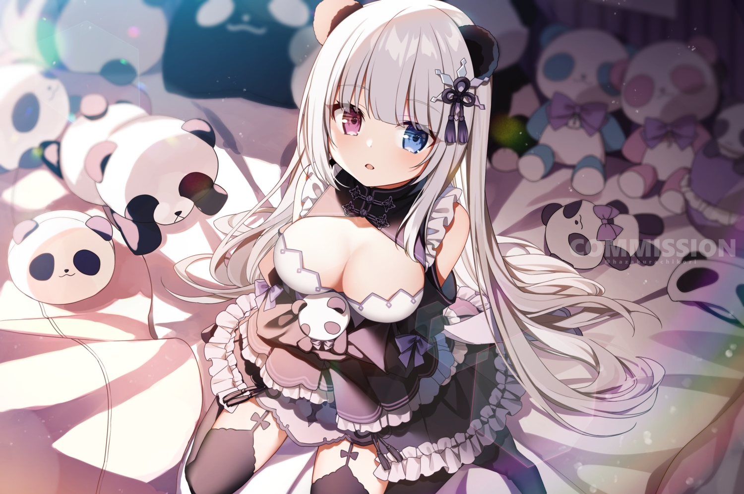 animal_ears, bed, bicolored_eyes, breasts, chinese_clothes, cleavage, dress, garter_belt, goth-loli, hazakura_chikori, itebare_yuki, lolita_fashion, long_hair, stockings, teddy_bear, watermark, white_hair