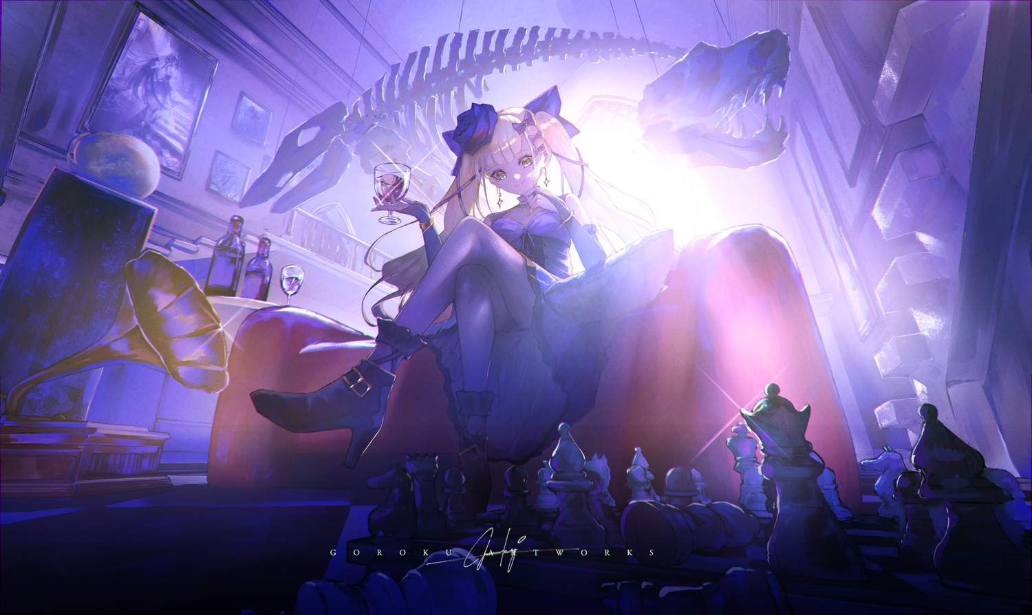 bones, couch, dress, drink, goroku, long_hair, original, signed