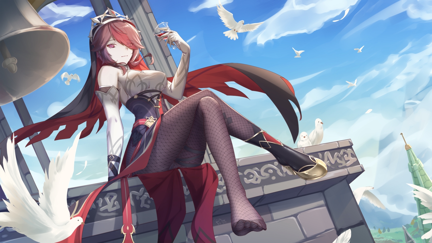 animal, bird, cameltoe, clouds, drink, genshin_impact, headdress, kaede_uehara, long_hair, nun, rosaria_(genshin_impact), sky, tiara