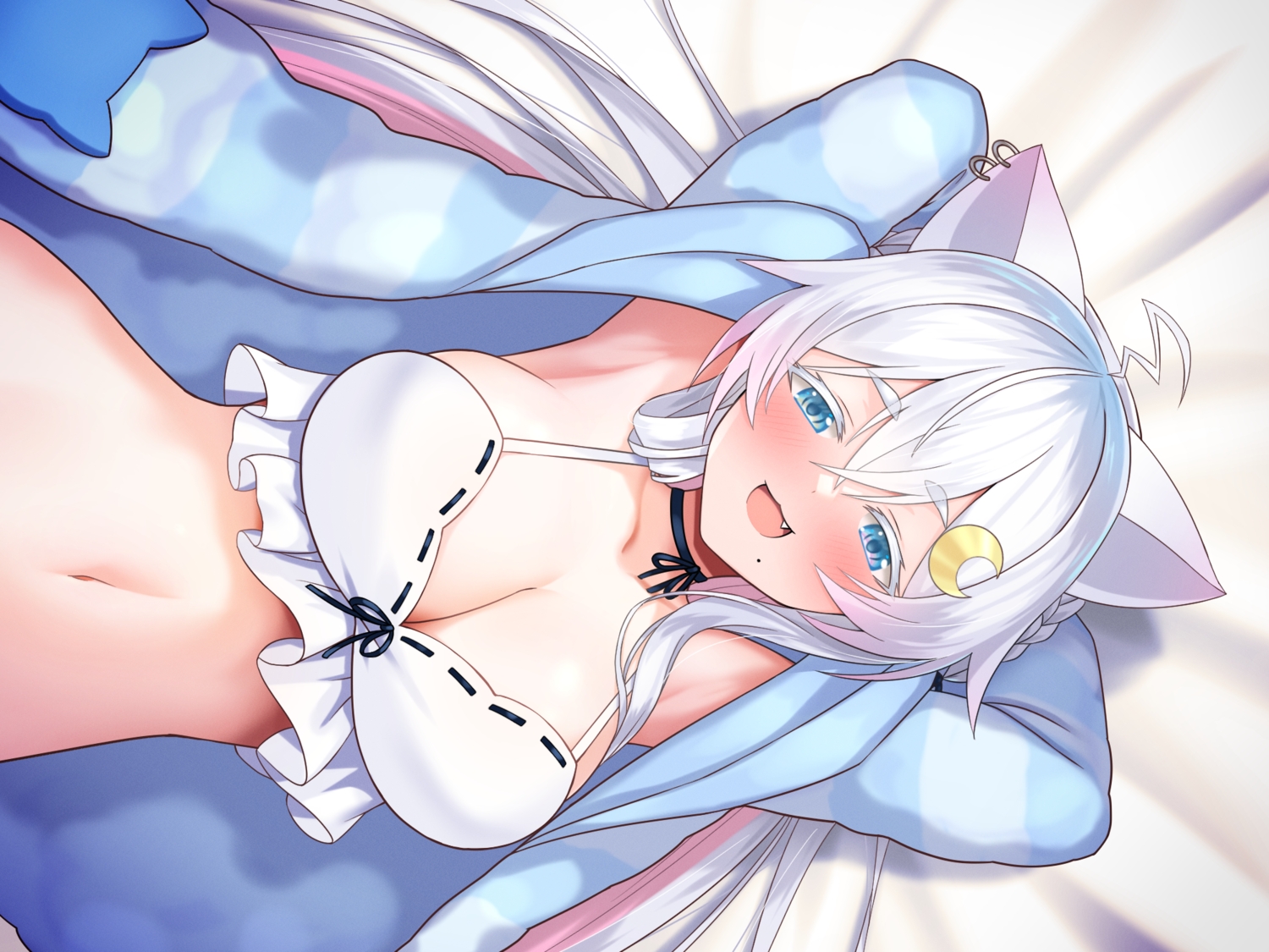 animal_ears, aqua_eyes, bed, bettle_(b_s_a_n), blush, braids, breasts, catgirl, cat_smile, choker, cleavage, fang, long_hair, navel, nekono_yukino, re:act, transparent, white_hair