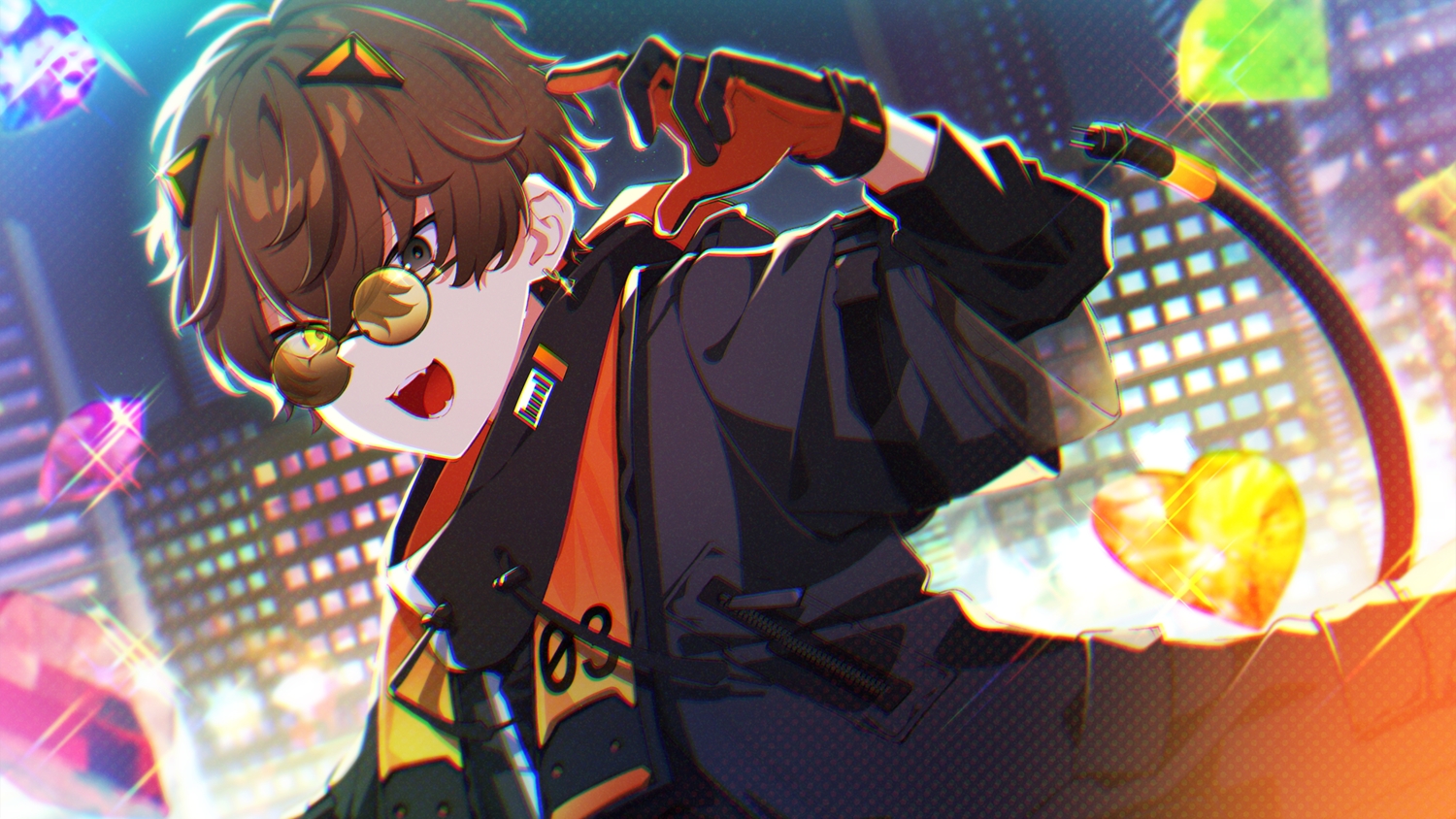 alban_knox, all_male, bicolored_eyes, brown_hair, building, cat_smile, city, close, fang, gloves, hood, male, mamyouda, night, nijisanji, short_hair, sunglasses, tail