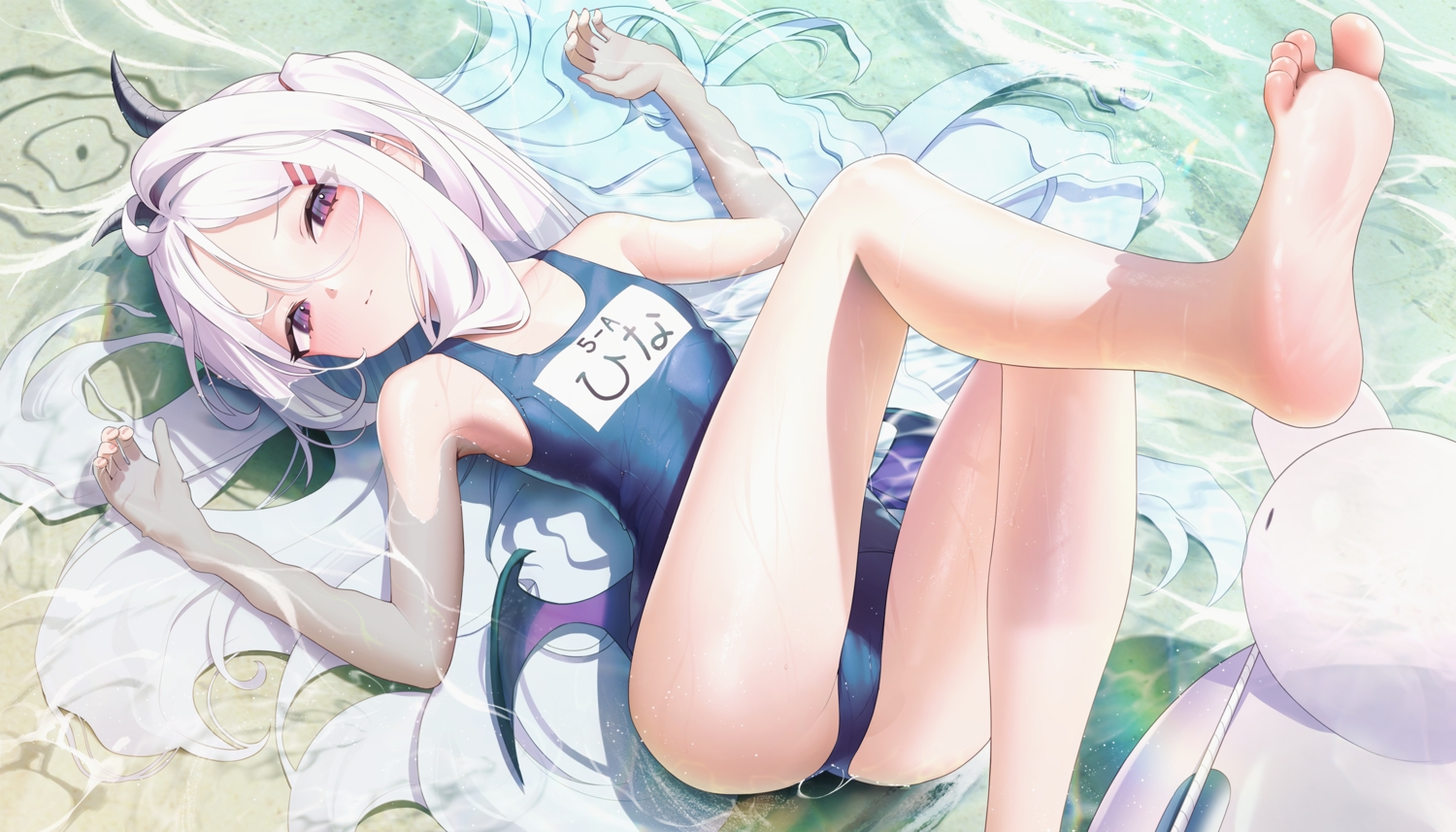 aya_(lezon), barefoot, blue_archive, blush, cameltoe, flat_chest, horns, long_hair