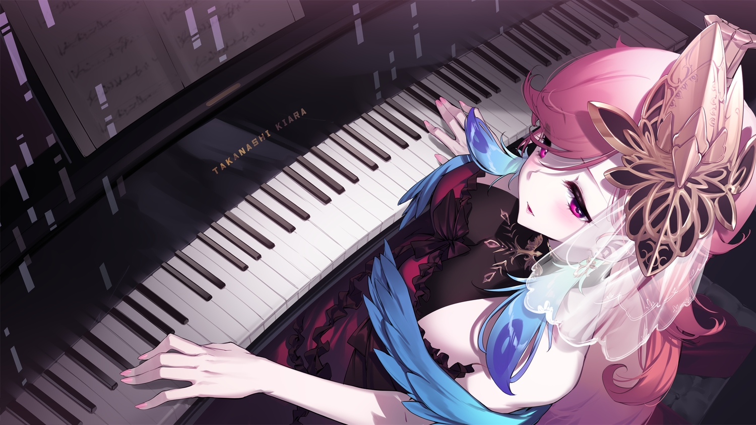 blush, dress, headdress, hololive, instrument, long_hair, piano, pink_hair