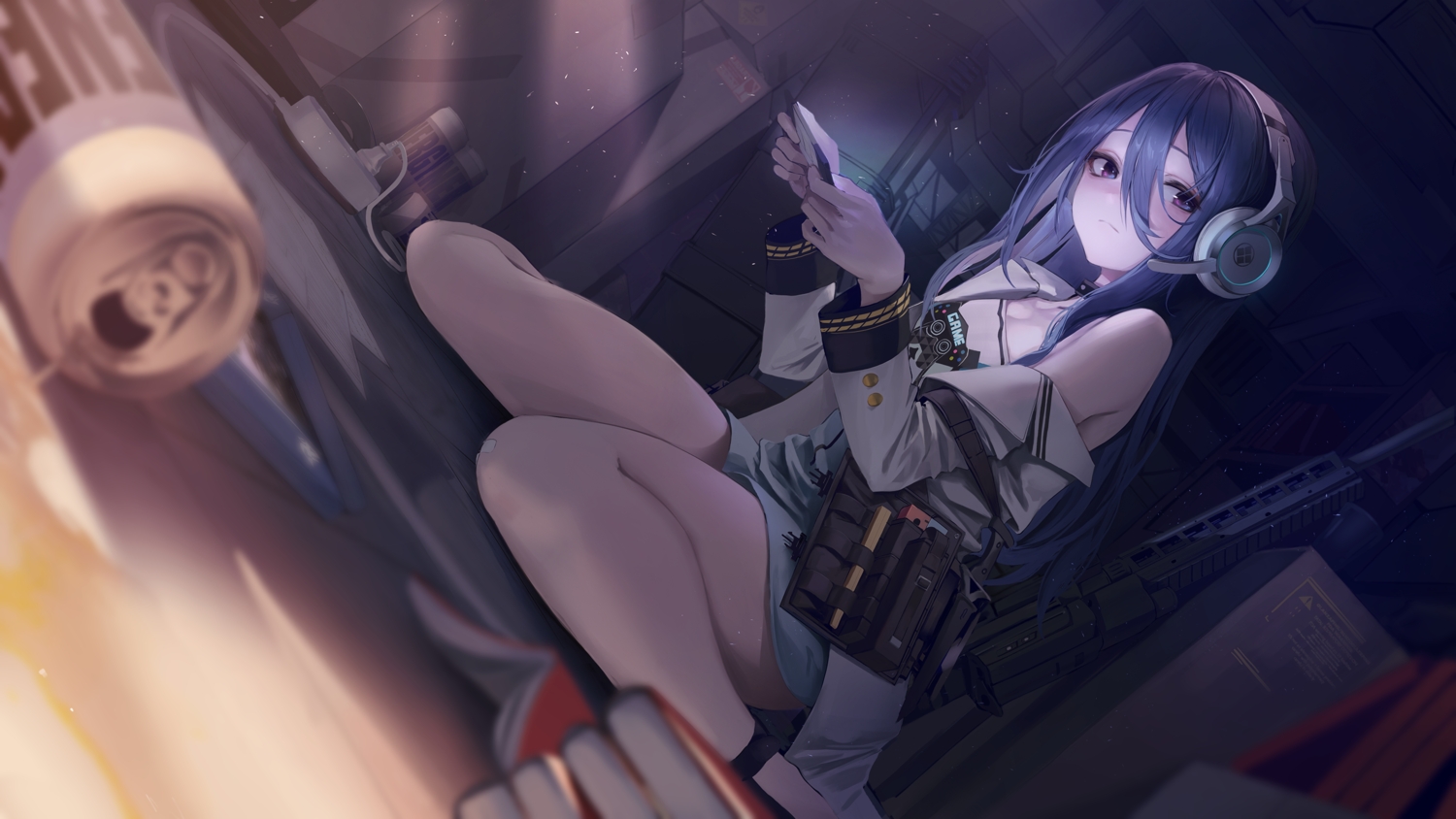 blue_hair, book, breasts, cleavage, collar, dark, dress, drink, exia_(nikke), goddess_of_victory:_nikke, headphones, leviathan_(hikinito0902), long_hair, microphone, purple_eyes