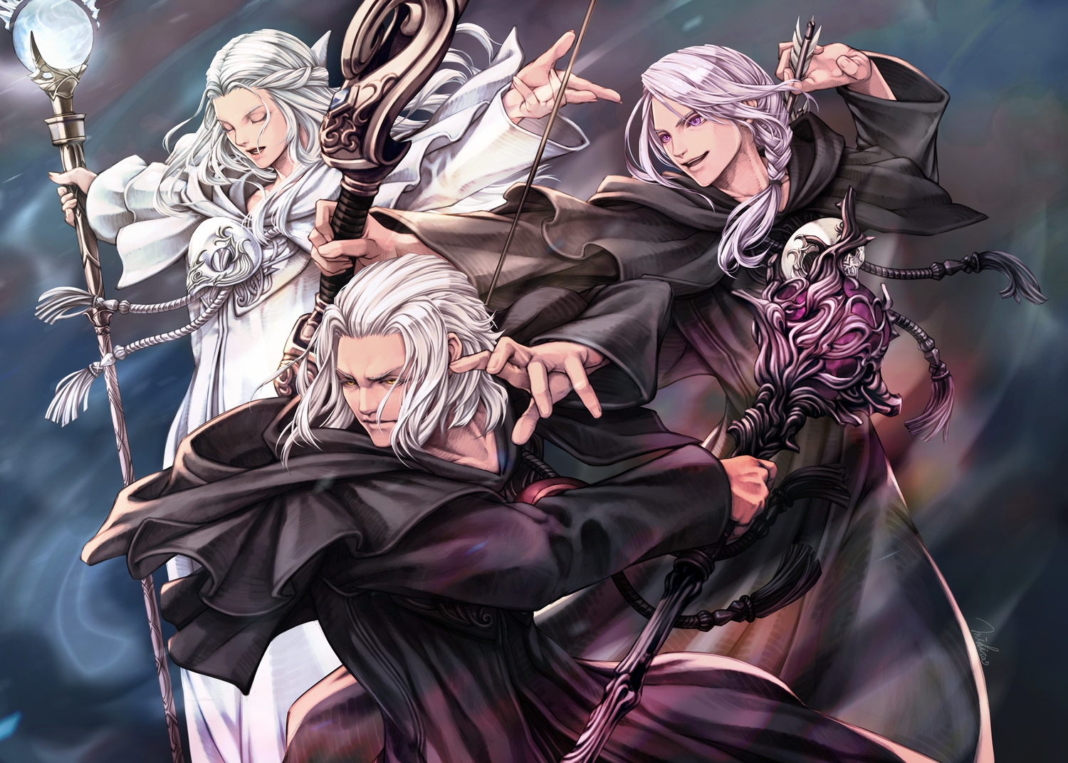 emet-selch, final_fantasy, final_fantasy_xiv, hood, hythlodaeus, long_hair, male, mihira_(tainosugatayaki), pink_eyes, pink_hair, short_hair, staff, venat_(ff14), weapon, white_hair, yellow_eyes