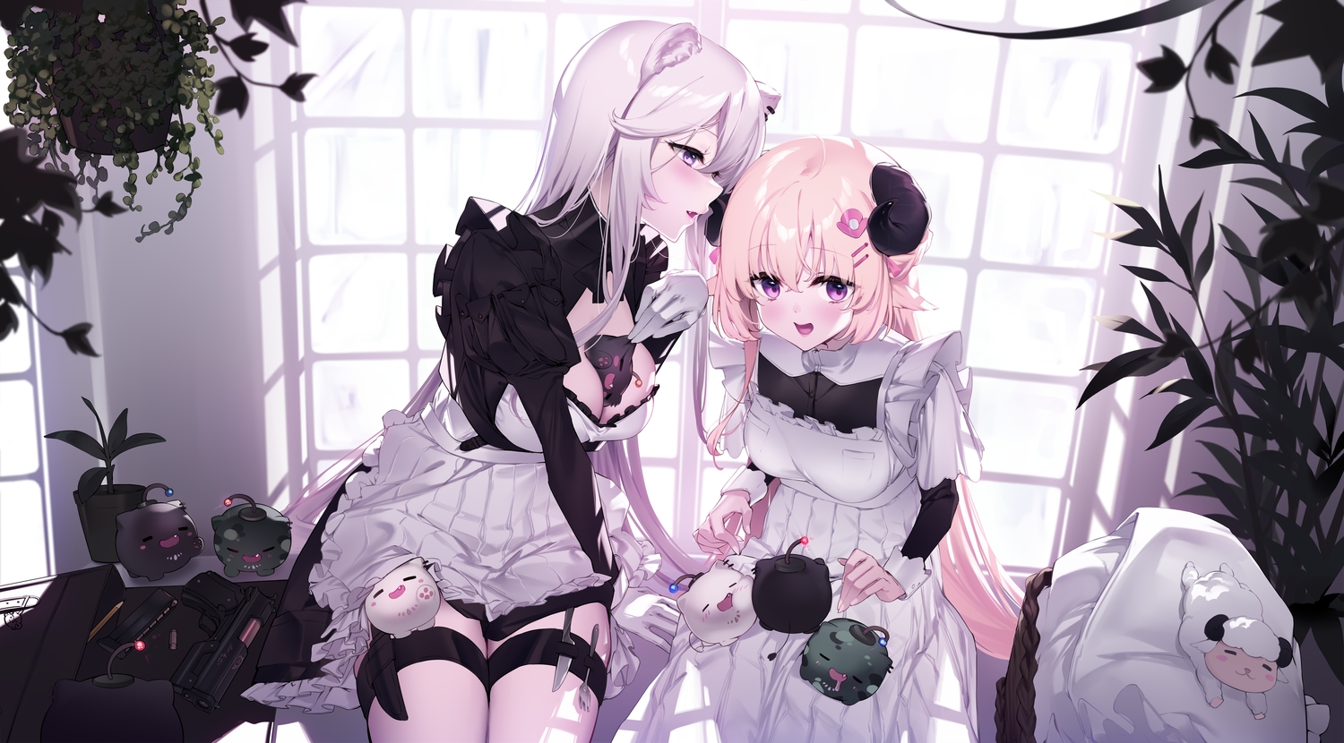 2girls, animal, animal_ears, blonde_hair, breasts, catgirl, cleavage, garter, gloves, gray_hair, hololive, horns, knife, long_hair, maid, purple_eyes, sheep, sheepgirl, shishiro_botan, tsunomaki_watame, yaguo