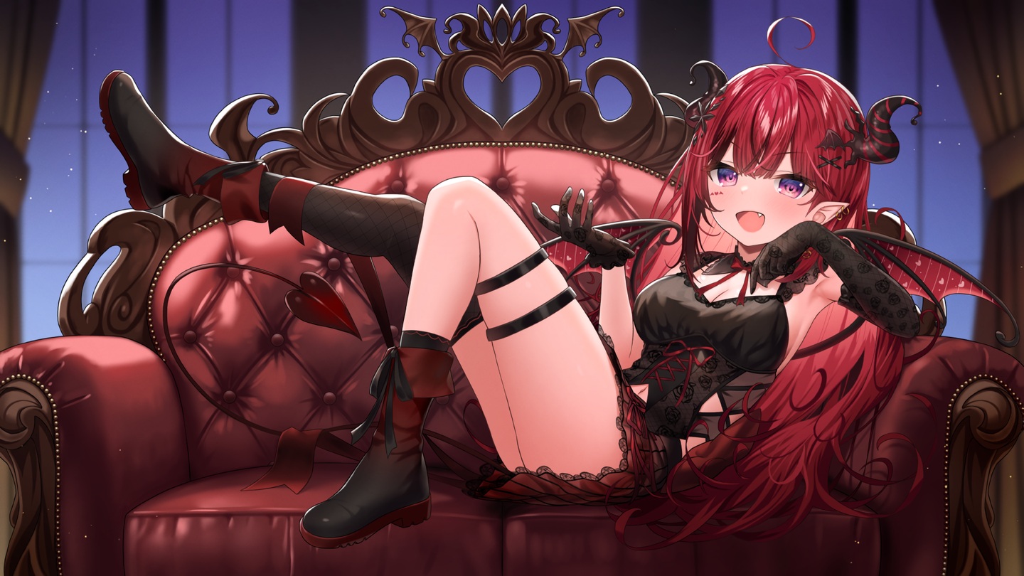 bettle_(b_s_a_n), boots, breasts, cleavage, couch, demon, fang, garter