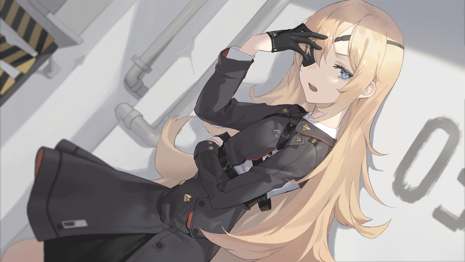 blonde_hair, blue_eyes, eyepatch, flat_chest, gloves, goddess_of_victory:_nikke, guillotine_(nikke), long_hair, seon_(seonon), skirt, uniform