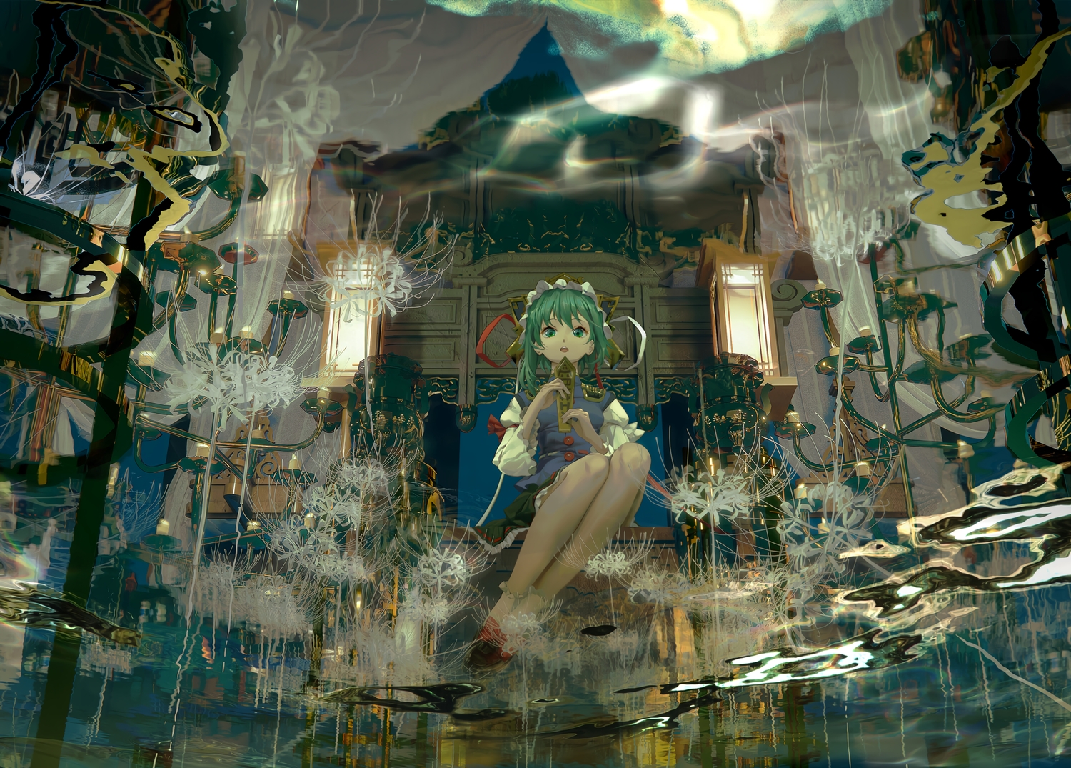 3d, flowers, green_eyes, green_hair, lilithbloody, shiki_eiki, skirt, touhou