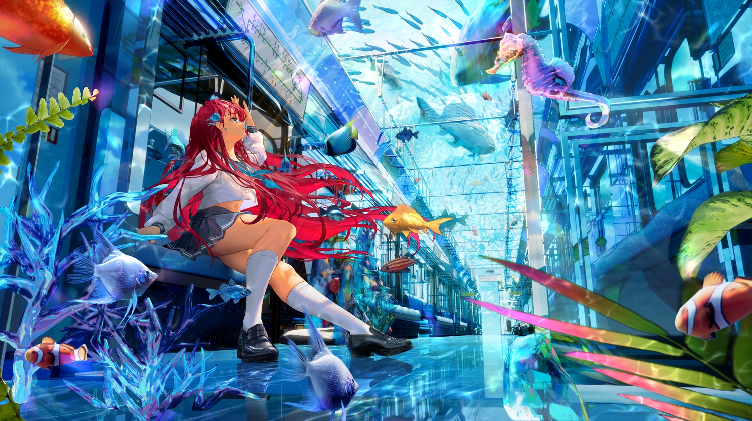 3d, animal, blue_eyes, fish, kneehighs, lilithbloody, long_hair, original, red_hair, school_uniform, skirt, underwater, water