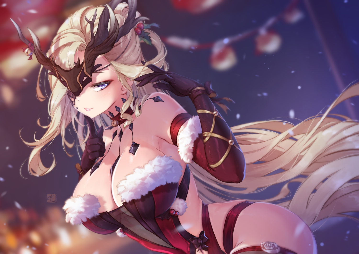 blonde_hair, christmas, close, elbow_gloves, genshin_impact, gloves, long_hair, mask, mitsu_(mitsu_art), purple_eyes, signora_(genshin_impact), watermark