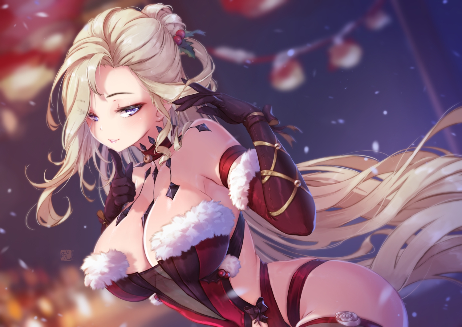 blonde_hair, christmas, close, elbow_gloves, genshin_impact, gloves, long_hair, mitsu_(mitsu_art), purple_eyes, signora_(genshin_impact), watermark
