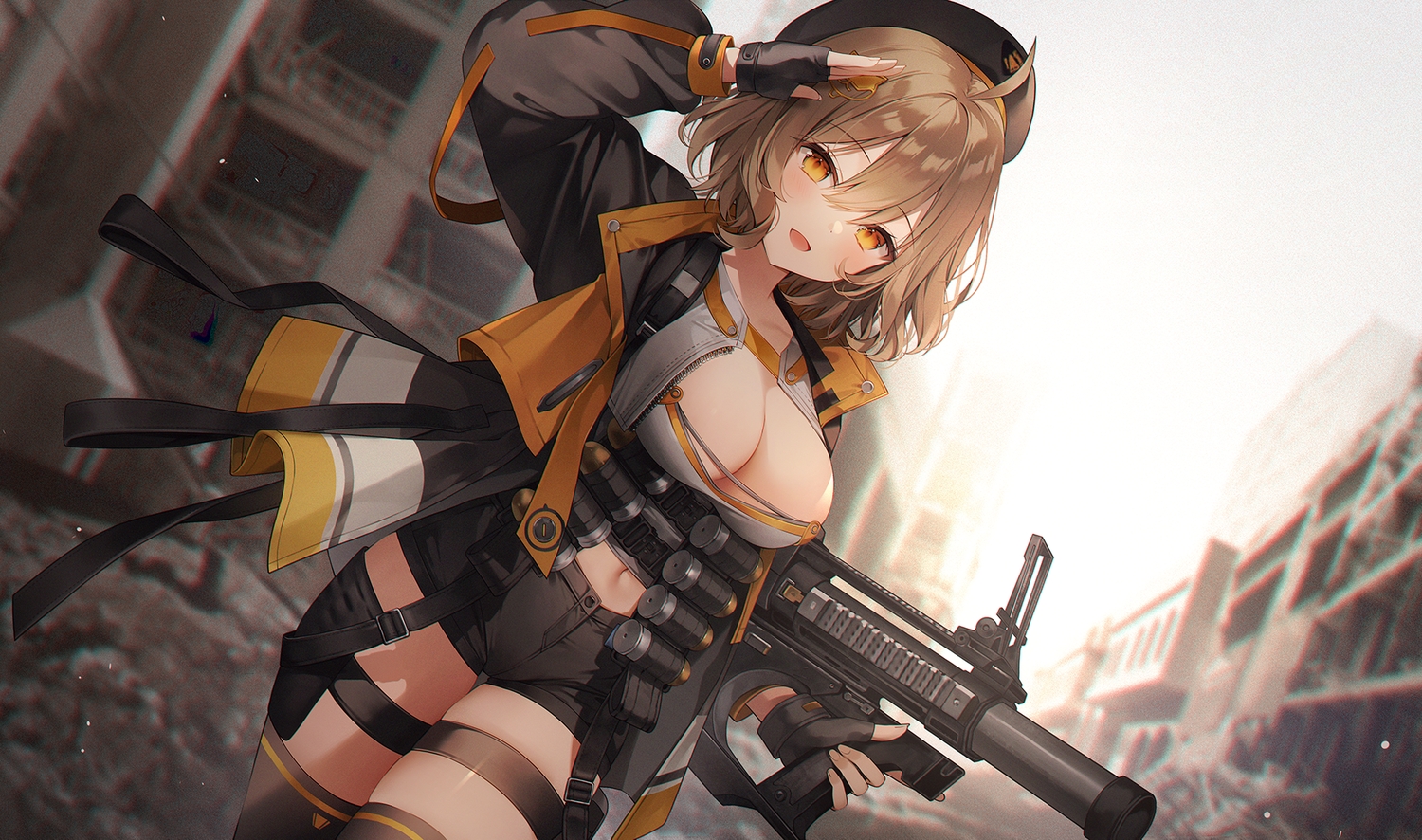 anis_(nikke), breasts, brown_hair, cleavage, garter, gloves, goddess_of_victory:_nikke, gun, hat, navel, orange_eyes, ruins, short_hair, shorts, thighhighs, weapon, weri, zettai_ryouiki