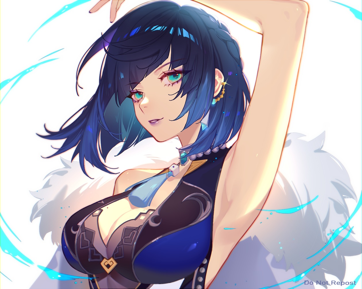 blue_hair, braids, breasts, cape, cleavage, close, genshin_impact, green_eyes