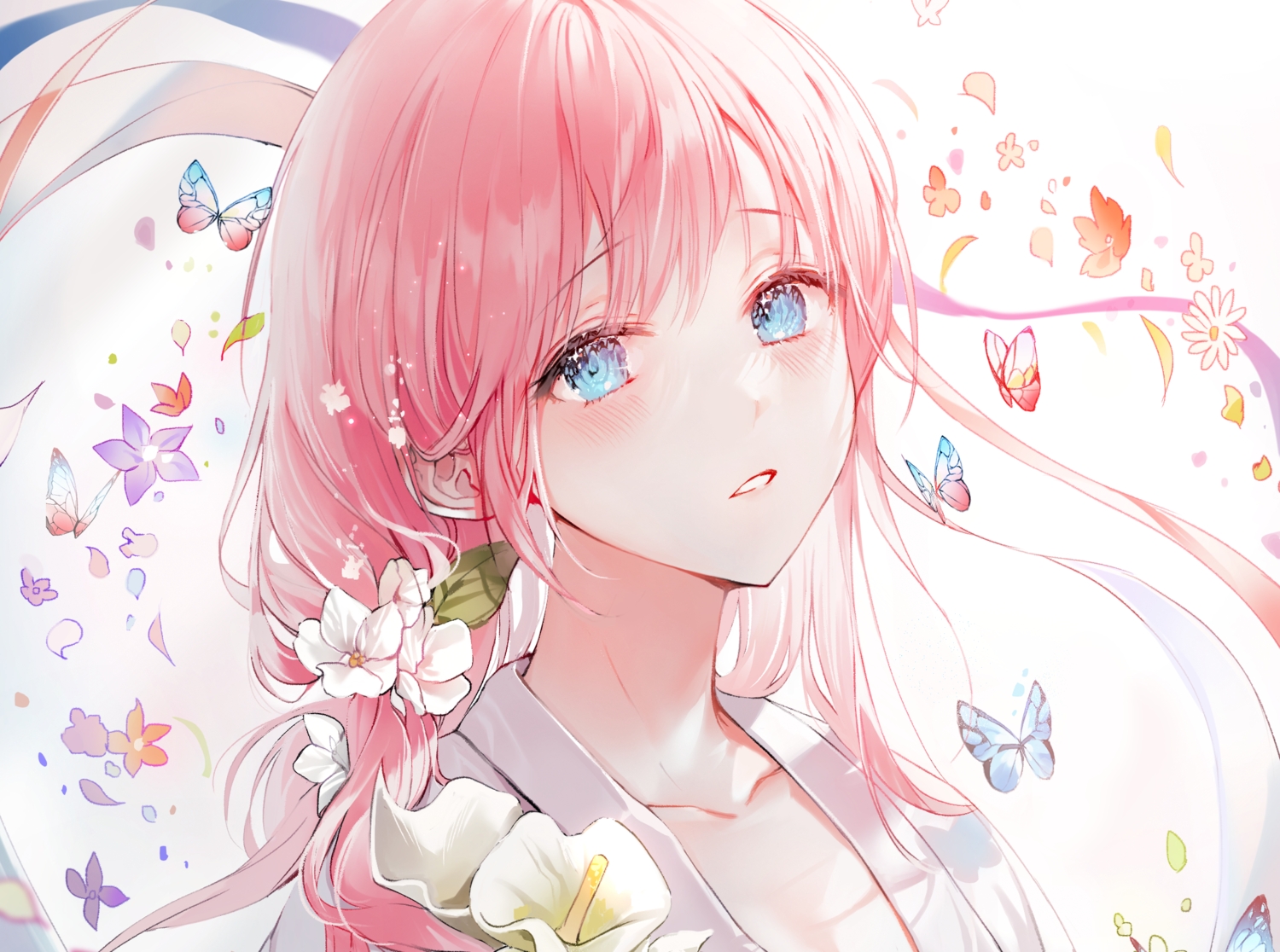 2sham, aqua_eyes, blush, butterfly, flowers, long_hair, original, pink_hair