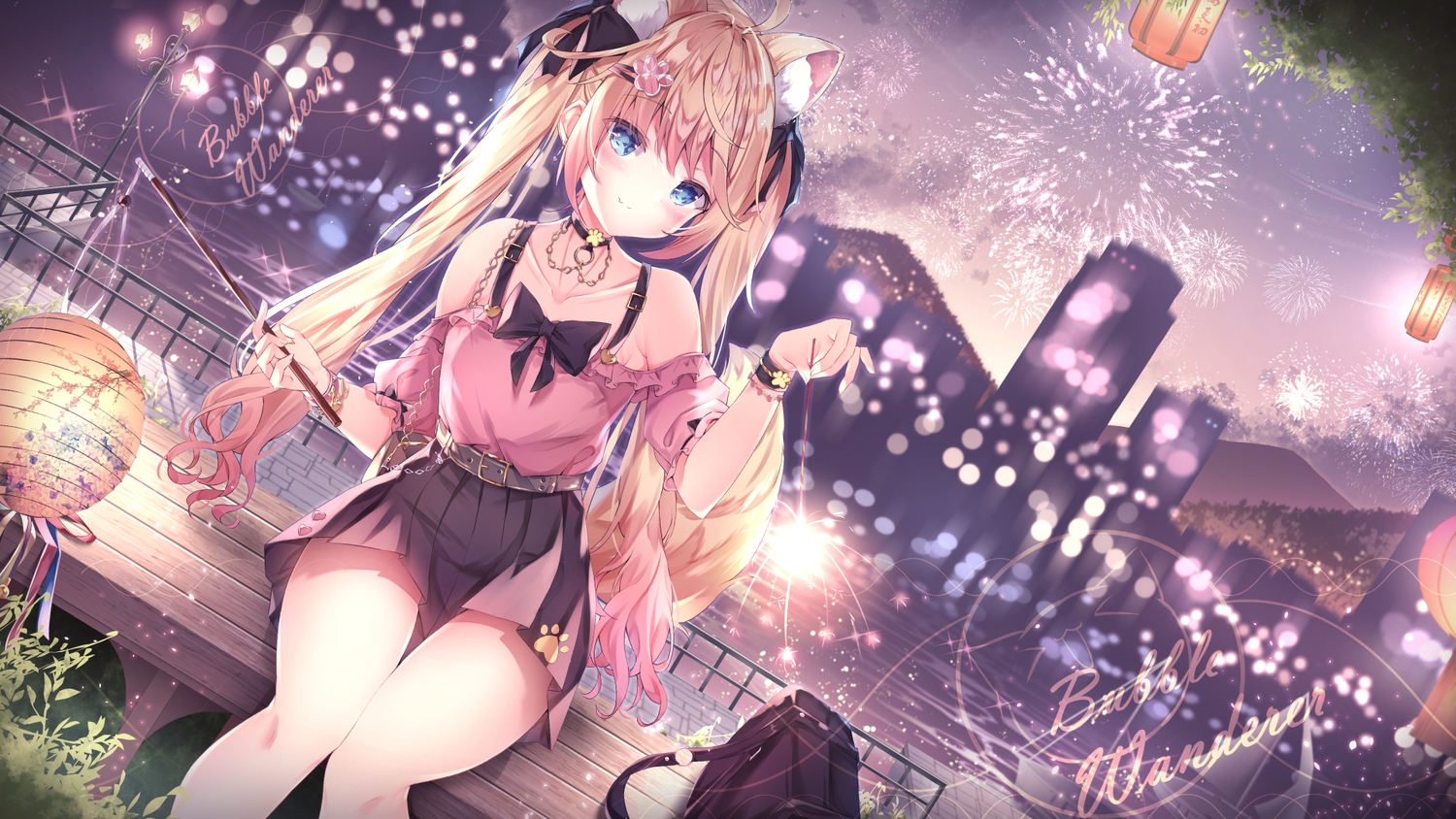 animal_ears, brown_hair, building, choker, city, long_hair, manman_manyou_haiyang_de_paomo, skirt