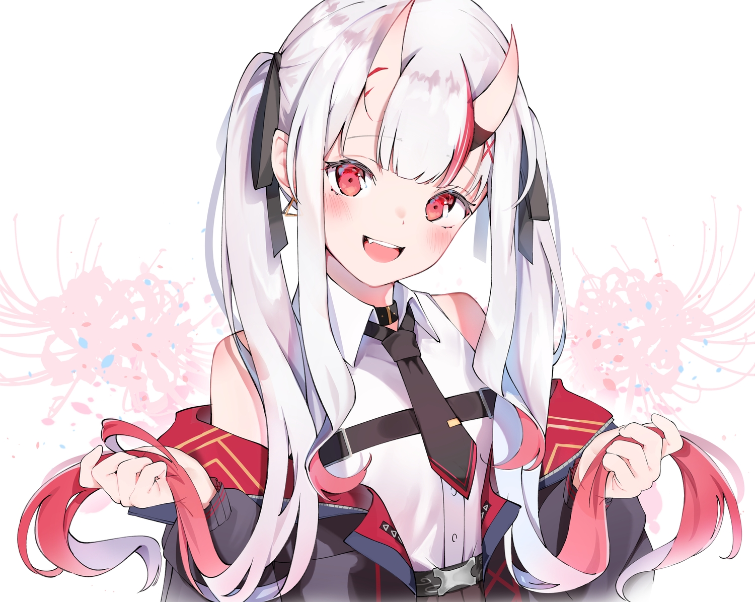 auui, blush, cropped, demon, fang, flowers, hololive, horns