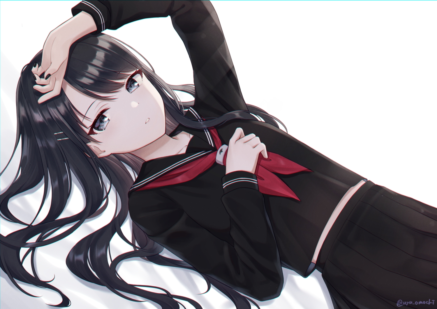 black_eyes, black_hair, idolmaster, idolmaster_shiny_colors, kazano_hiori, long_hair, mochiko_(uyu_omochi), school_uniform, signed, skirt