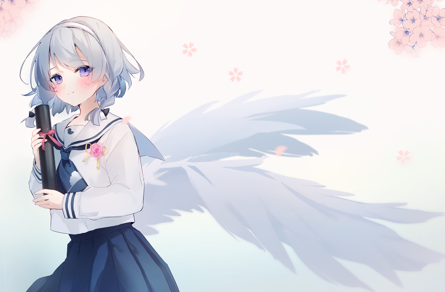 aliasing, braids, cherry_blossoms, flowers, gradient, gray_hair, headband, purple_eyes, sakana, school_uniform, skirt, skycolor_project, twintails, usuwa_suu, wings