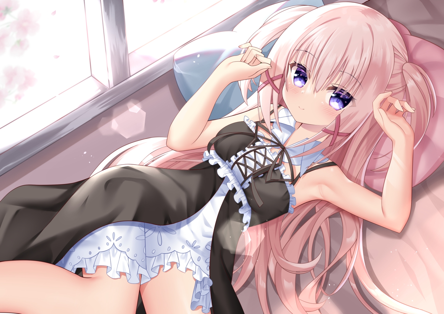 bed, blush, dress, goth-loli, hiyada_yuu, lolita_fashion, long_hair, pink_hair, purple_eyes, summer_dress, twintails