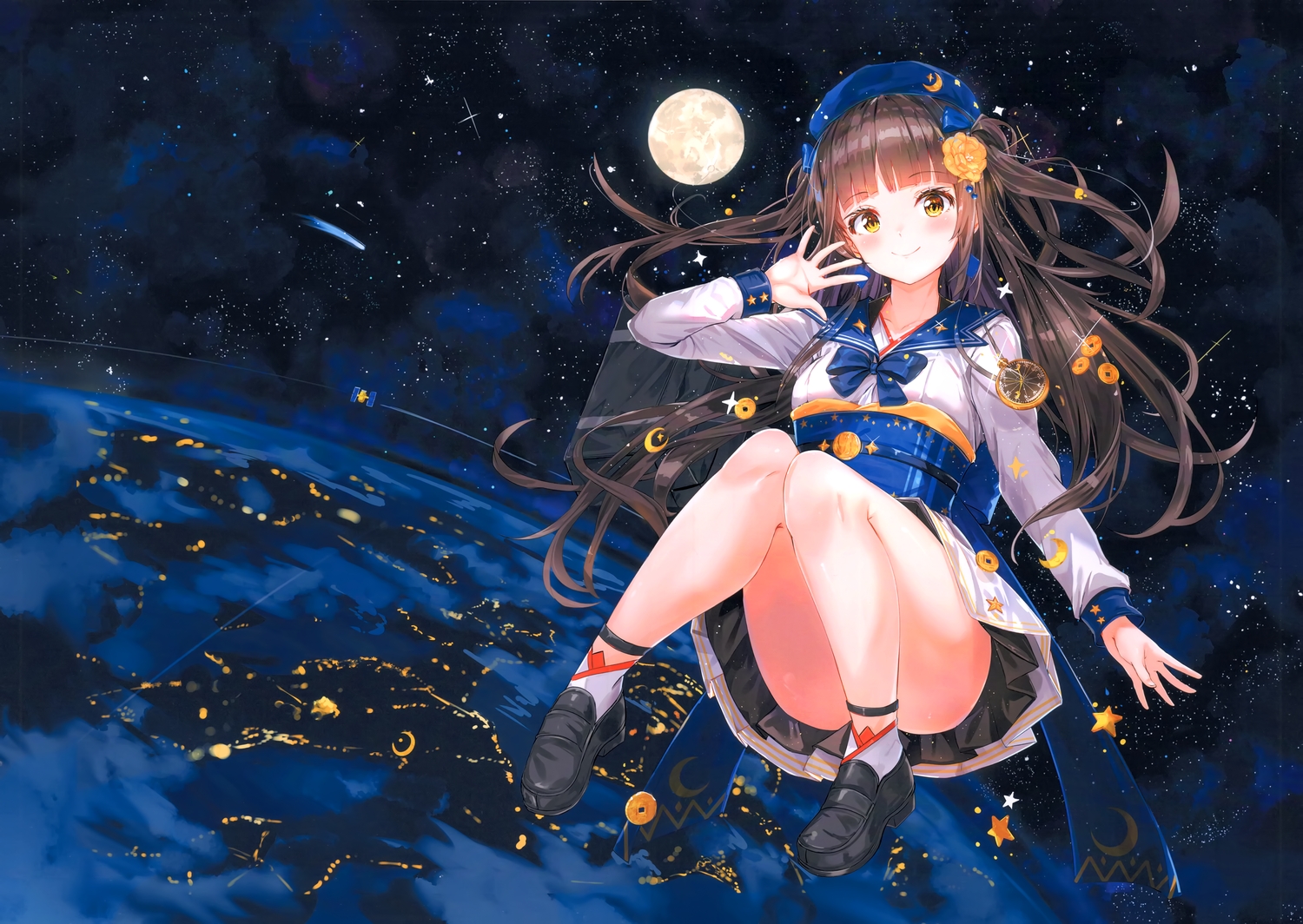 blush, brown_hair, earth, hat, japanese_clothes, long_hair, moon, na_kyo