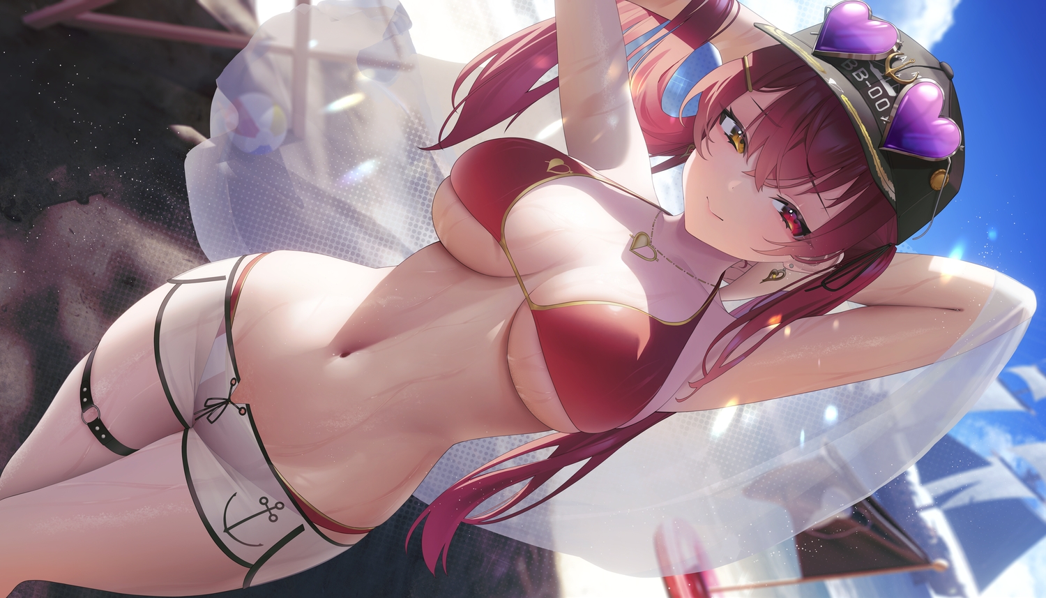 aya_(lezon), ball, beach, bikini, boat, breasts, clouds, hat, hololive, houshou_marine, long_hair, necklace, red_hair, see_through, shorts, sky, sunglasses, swim_ring, swimsuit, twintails, underboob, wet