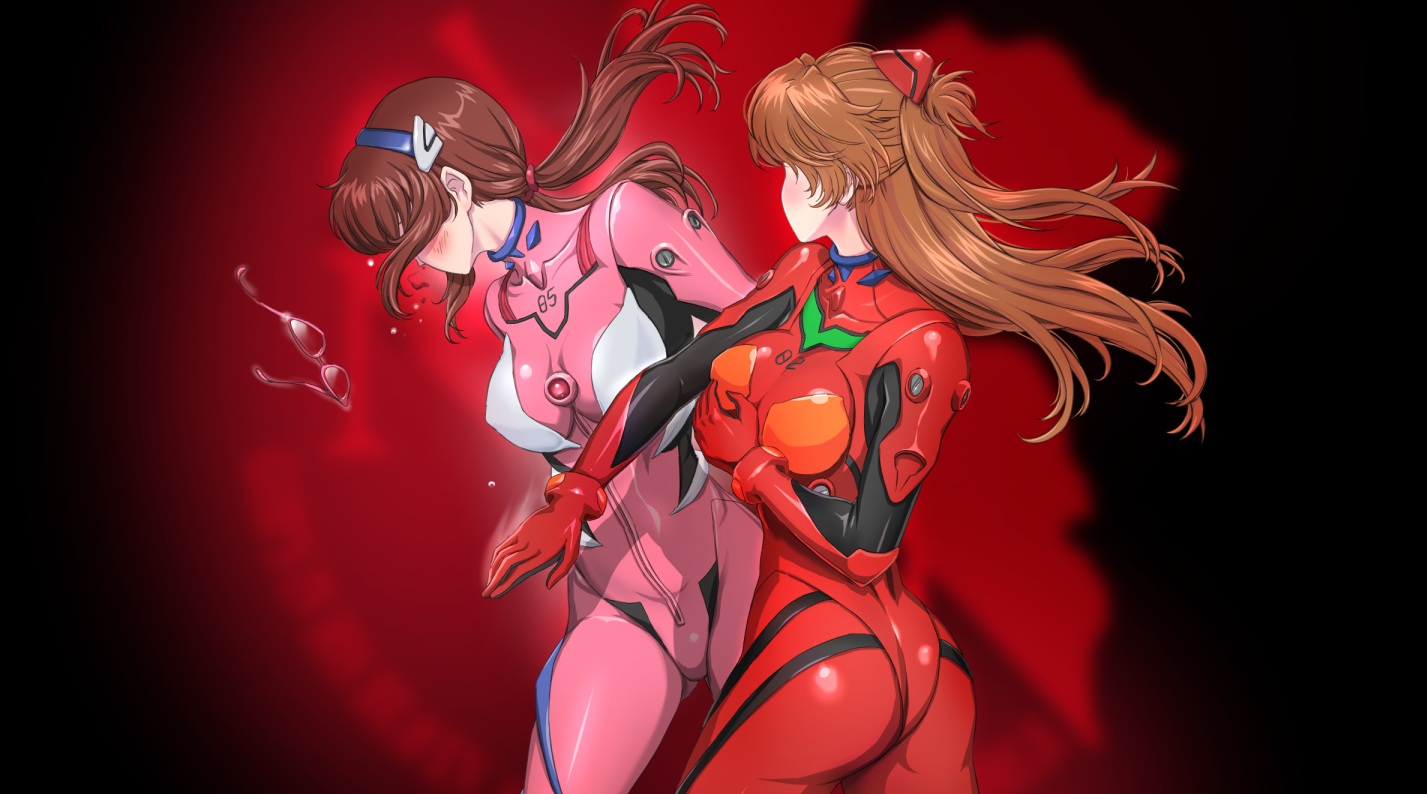 2girls, ass, bodysuit, brown_hair, glasses, gloves, headband, long_hair, makinami_mari_illustrious, neon_genesis_evangelion, parody, red, sonota_taisei, soryu_asuka_langley, twintails
