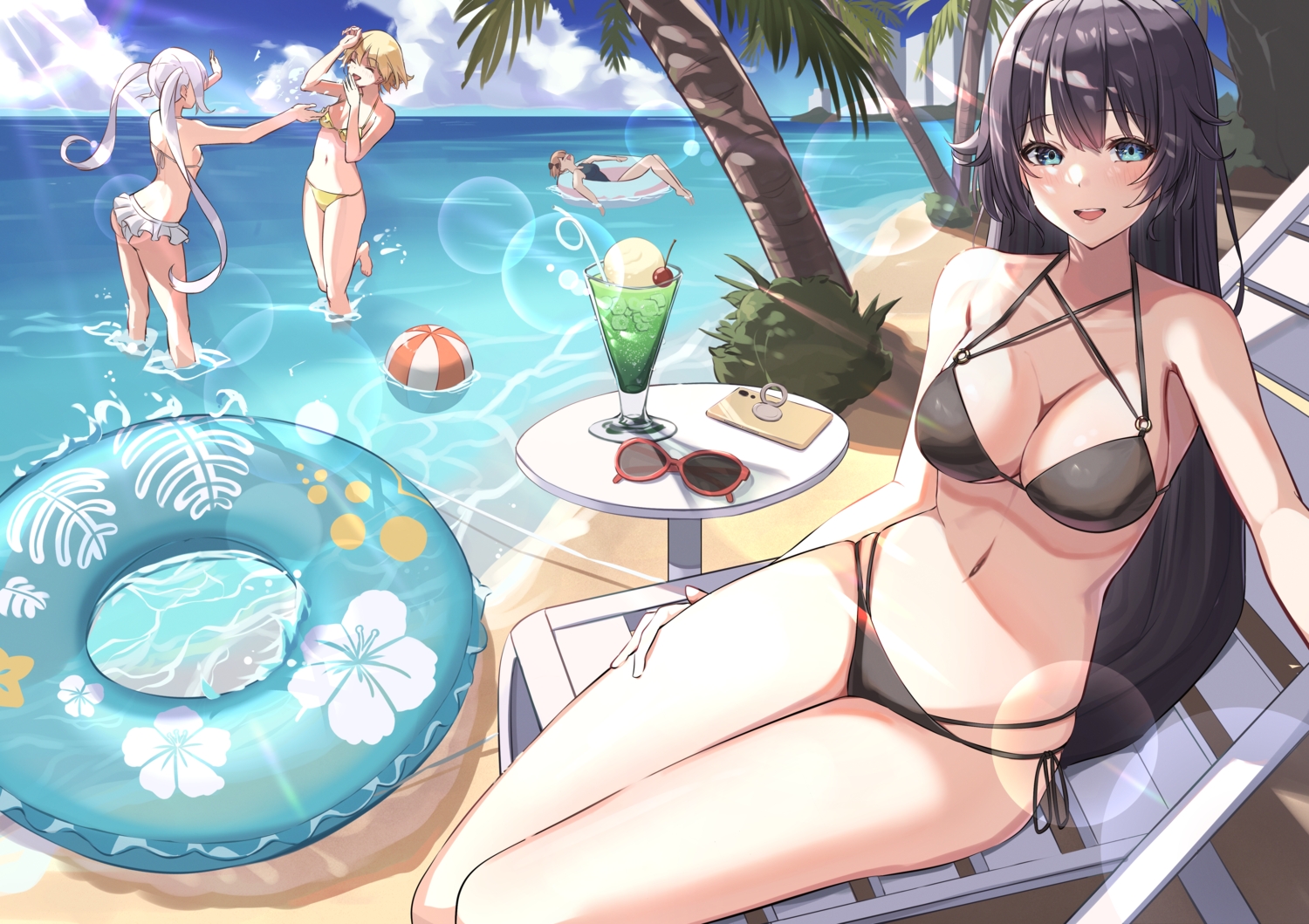 beach, clouds, drink, long_hair, original, ringopan, sky, sunglasses, swim_ring, tree, water