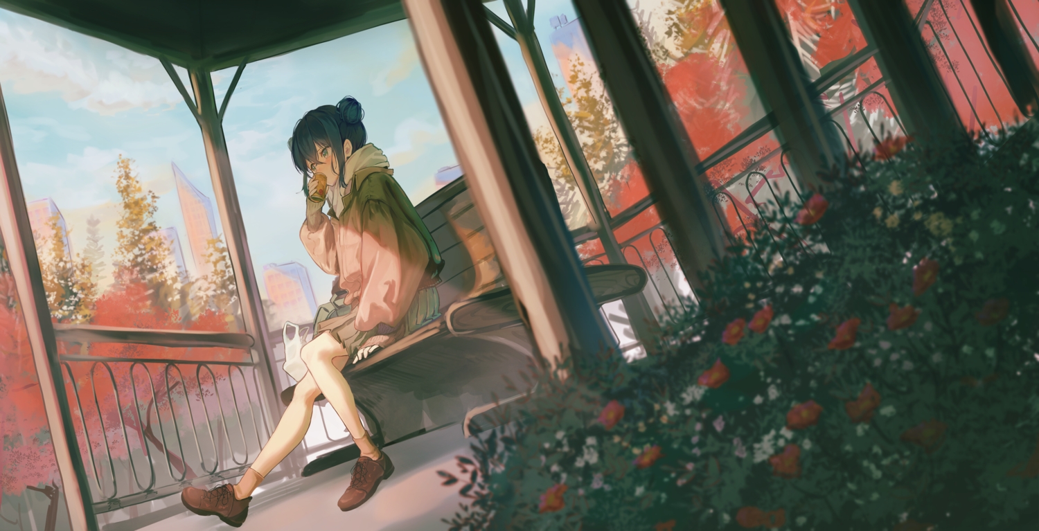 black_hair, building, city, clouds, drink, flowers, natsuba002, original, park, skirt, sky, tree, twintails