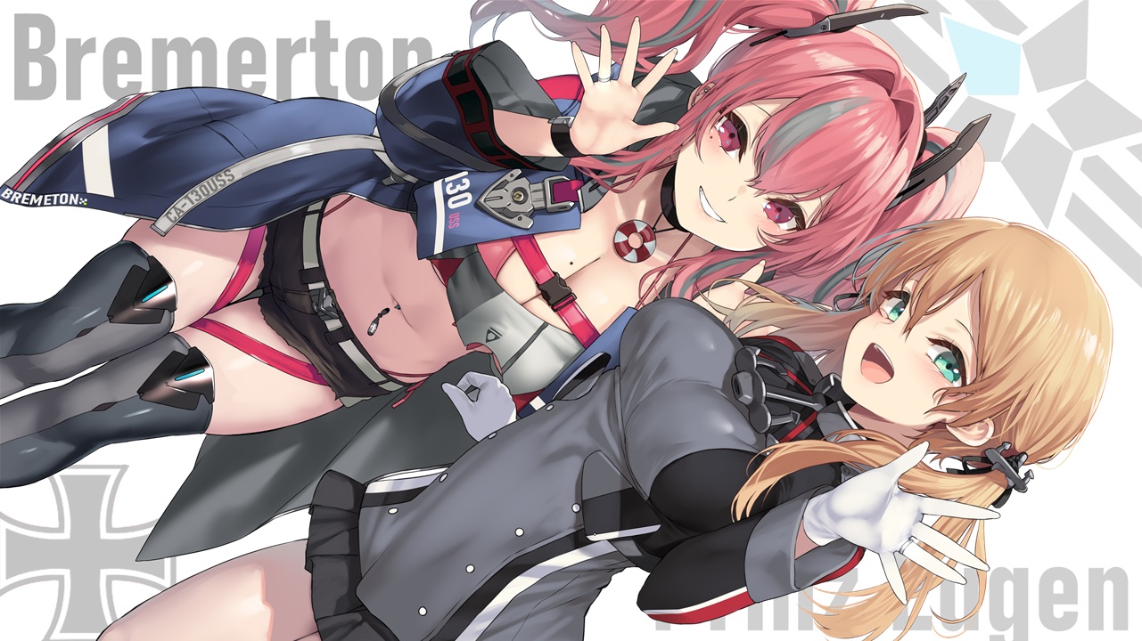 2girls, anthropomorphism, azur_lane, blonde_hair, blush, breasts, bremerton_(azur_lane), choker