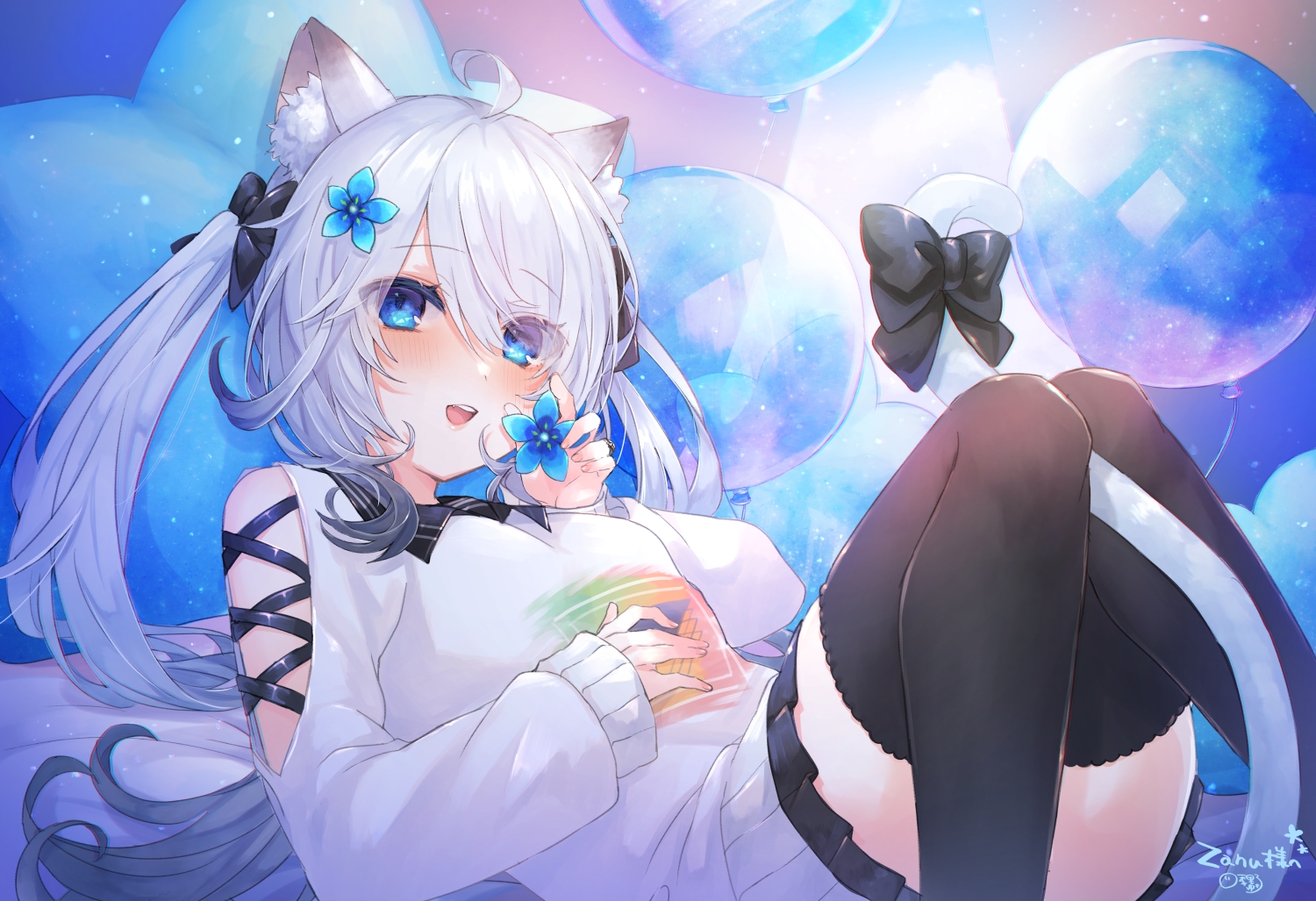 animal_ears, aqua_eyes, blush, bow, catgirl, flowers, gray_hair, long_hair, shikino_yuki, signed, skirt, tail, thighhighs, twintails