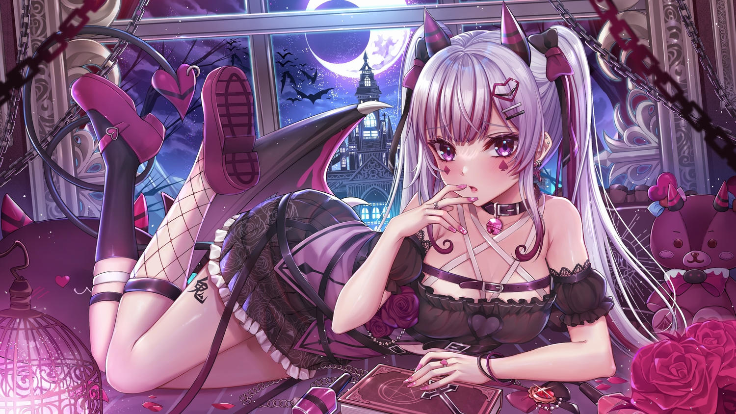 book, chain, choker, demon, dress, flowers, gu_li, indie_virtual_youtuber