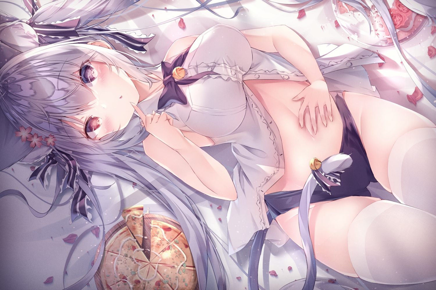 animal_ears, bed, bell, bicolored_eyes, blush, bow, catgirl, food