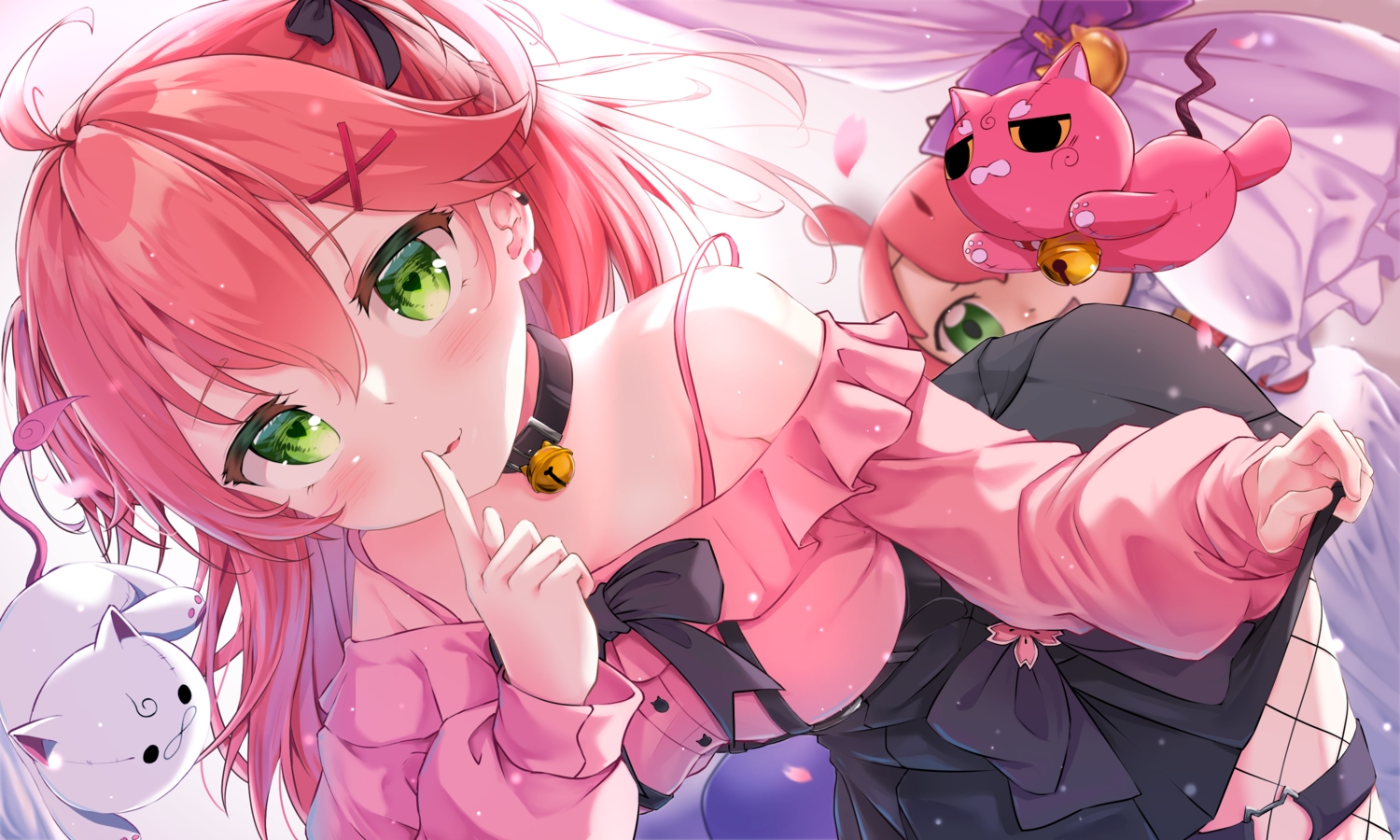 bell, blush, bow, cat_smile, collar, doll, dress, garter, green_eyes, hololive, long_hair, maeru, pink_hair, red_hair, sakura_miko, skirt, skirt_lift, stockings