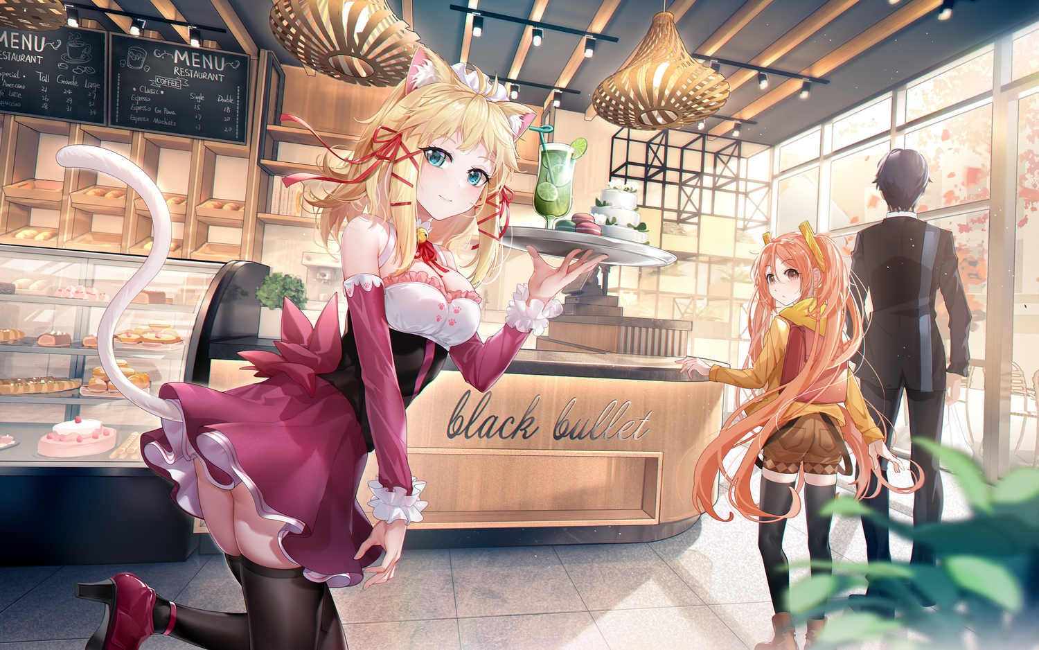 2girls, aihara_enju, animal_ears, black_bullet, blonde_hair, breasts, brown_eyes, cake