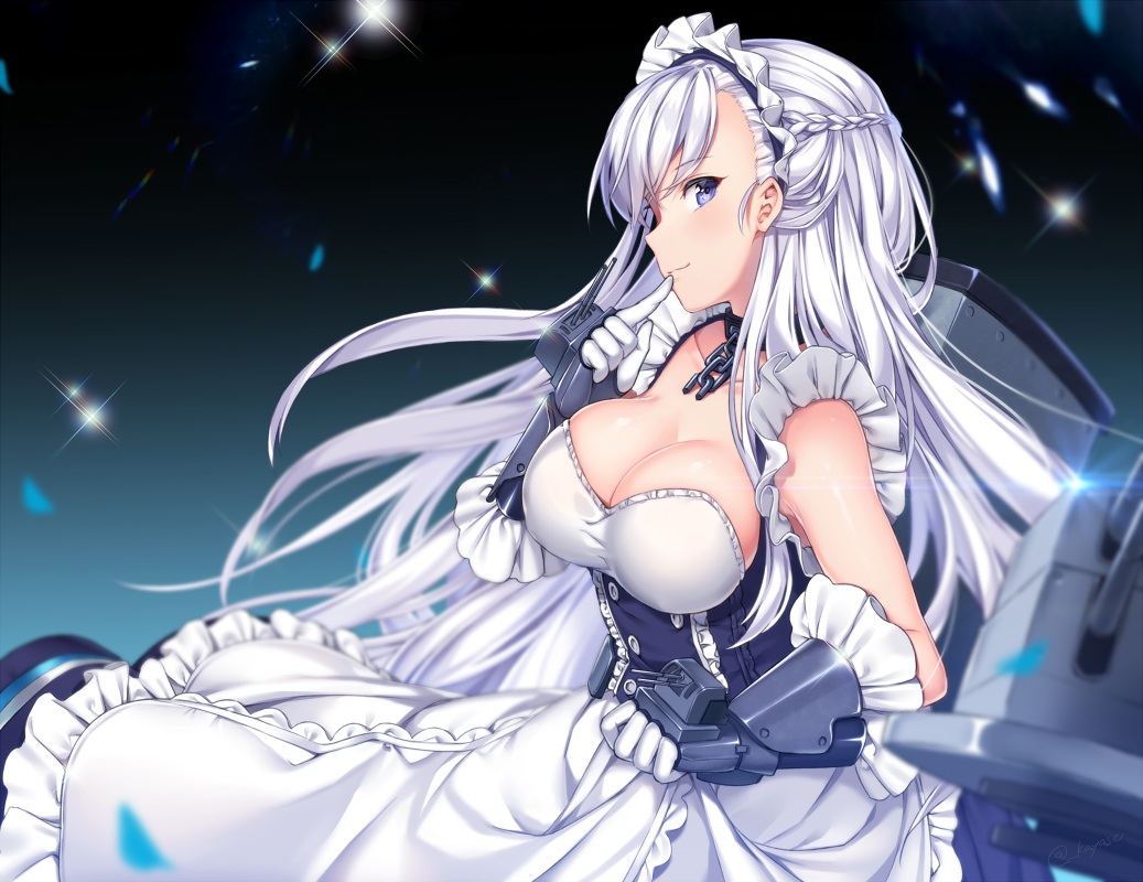 anthropomorphism, azur_lane, belfast_(azur_lane), blue_eyes, braids, breasts, chain, cleavage, collar, dress, elbow_gloves, gloves, gradient, gray_hair, headdress, kayase, long_hair, maid, petals, weapon
