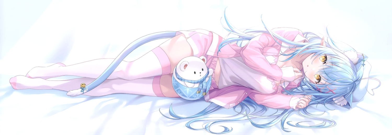 akamoku, animal_ears, bell, blue_hair, catgirl, cropped, hat, hololive