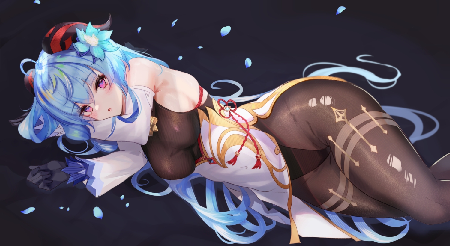 aqua_hair, blush, ganyu_(genshin_impact), genshin_impact, gloves, horns, leotard, long_hair