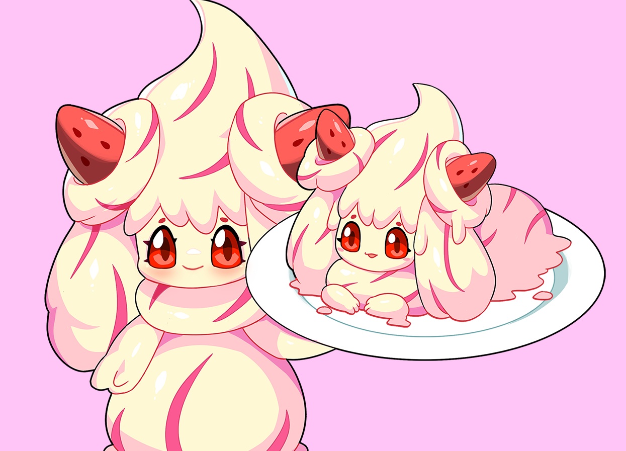 alcremie, drunkoak, food, fruit, no_humans, pink, pokemon, polychromatic
