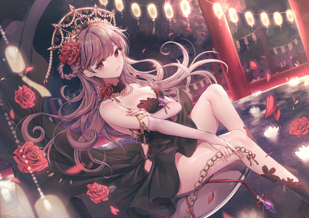 aliasing, braids, breast_hold, breasts, brown_hair, chain, cleavage, dress, flowers, headdress, houchi_shoujo, long_hair, ozzingo, red_eyes, rose, torii, water