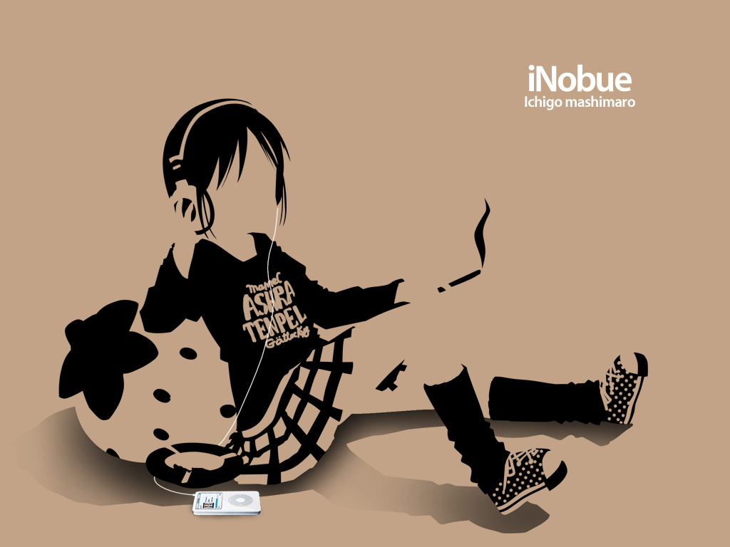 food, fruit, headphones, ichigo_mashimaro, ipod, itou_nobue, polychromatic, silhouette